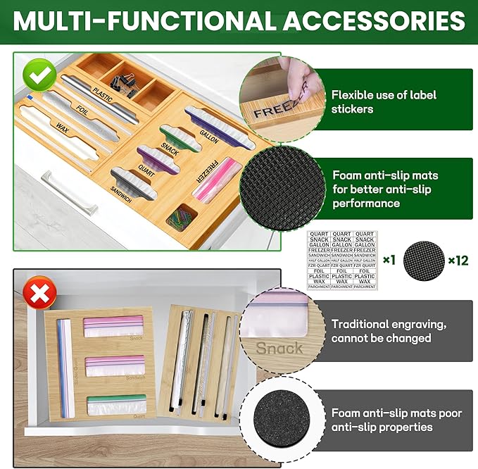 Sandwich Bag & Organizer, Aluminum Foil & Plastic Wrap Cutter, Bamboo Drawer Storage for Gallon, Quart Bags & 12" Rolls (9 in 1)