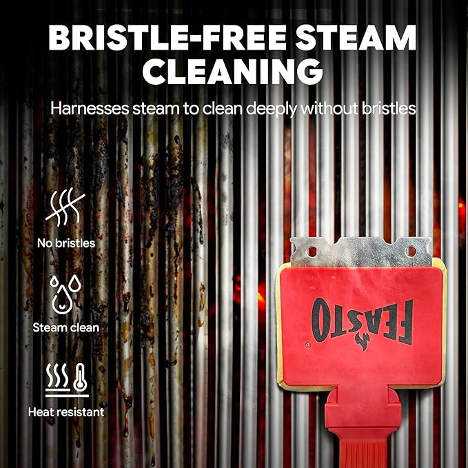 Feasto Bristle Free Grill Brush with Scraper for Outdoor Grills, Reinforced Steam BBQ Cleaning Brush with Replaceable Cleaning Head, Safe Grill Cleaner for Cast Iron & Stainless Steel Grates, Red