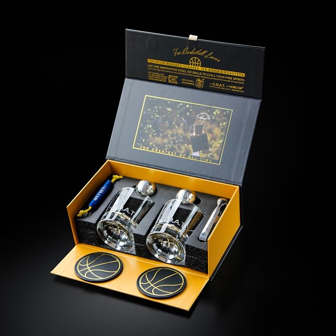 NOBLESIP® Whiskey BASKETBALL Glasses 𝗣𝗥𝗘𝗠𝗜𝗨𝗠 Set: 2 Glasses, 2 Steel Chilling Balls, 2 Coasters. Best for a Player, Coach, Fan to enjoy his Bourbon, Old Fashioned, Cocktail. Whisky men gift