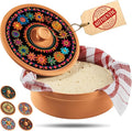 Terracotta Tortilla Warmer Day of the Dead - Mexican Clay Tortilla Holder with Decorative Marigold Lid & Warmer Cloth, Authentic Día de Muertos Terra Cotta Tortillero Holder for Parties & Celebrations