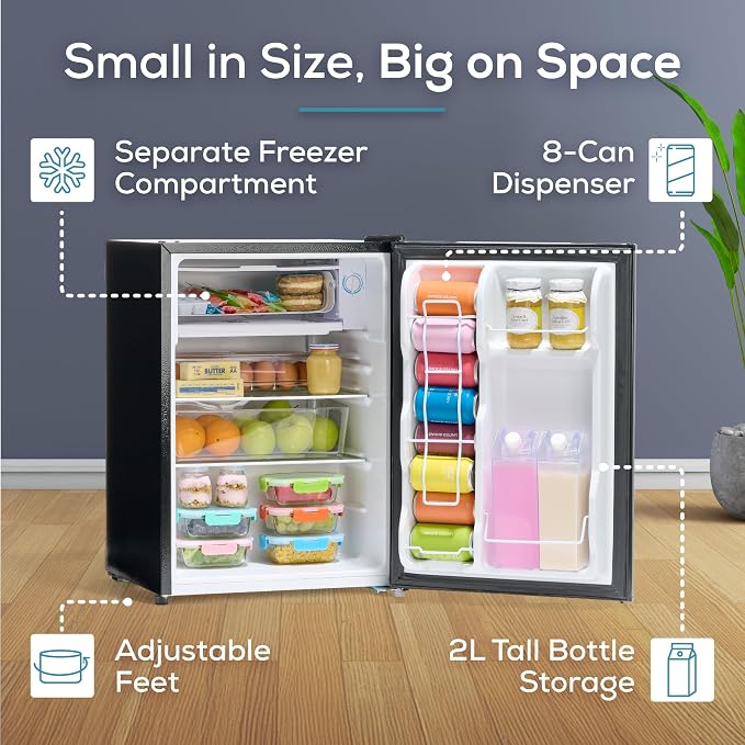 Igloo 2.6 Cu.Ft Mini Fridge with Freezer- Single Door Compact Refrigerator with Glass Shelves for Homes, Dorms & Offices- Keep Snacks, Drinks & Frozen Foods Cool with Temperature Control Fridge- Black