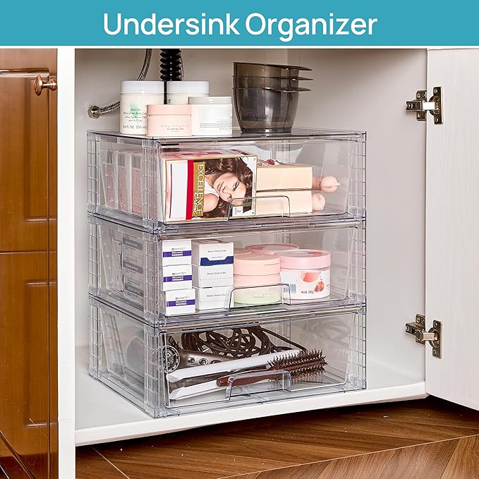 Vtopmart 3 Pack Large Stackable Storage Drawers,Easily Assemble Clear Acrylic Bathroom Closet Undersink Organizers,Plastic Storage Bins for Cabinet,Kitchen Pantry,Medicine Organization