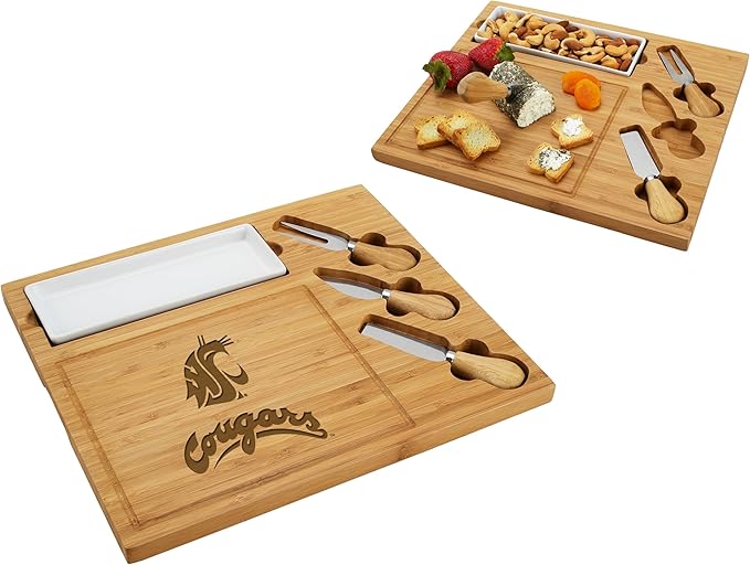 NCAA Washington State Cougars Officially Licensed Bamboo Cheese/Charcuterie Board with Knife Set & Cheese Markers by Picnic at Ascot