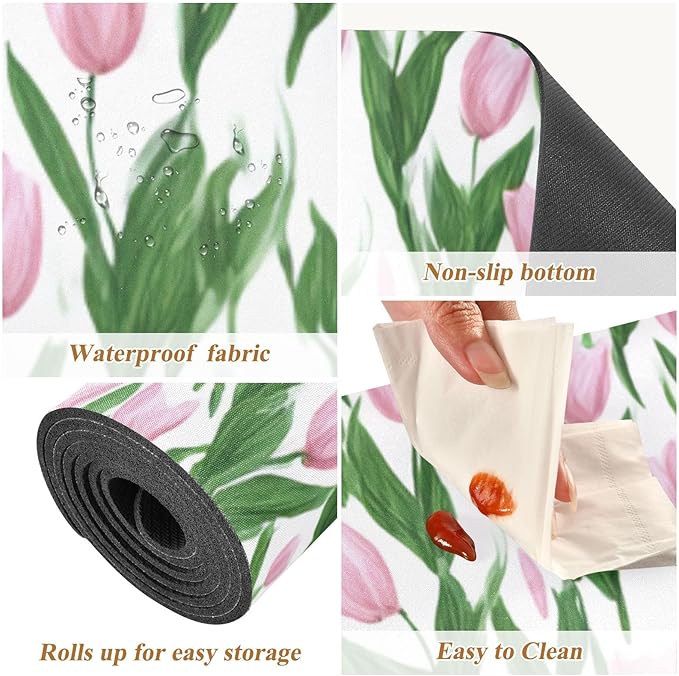 2 in 1 Table Runner Trivet for Hot Pots and Pans Heat Resistant Non Slip Waterproof 39 x 12 Inch Decorative Table Protector for Kitchen Countertop Small Tulips Pink