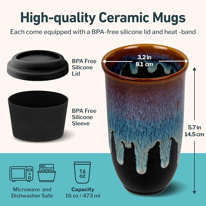 NOVA CERAMICS Coffee Tumbler – Travel Mug - On the Go Coffee Mug – Microwave & Dishwasher Safe Green Coffee Tumbler - Gifts For Women Men Him Her – 16oz – Monsoon