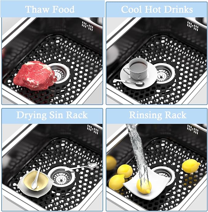 Silicone Sink Protector for Kitchen Bathroom Sink, 2 Pack 13.58"x 11.6" Heat-resistant Mat, Non-Slip and Durable Silicone Protectors, Center Drain (Black)
