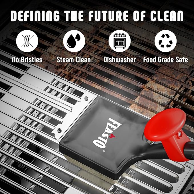 Feasto Grill Brush for Outdoor Grill & BBQ Grill Brush, 6-in-1 Bristle-Free with Interwoven-Tech & Thermal-Sensitive Sponge, Unique Seamless-Fit Scraper Tool for Cast Iron/Stainless-Steel Grates
