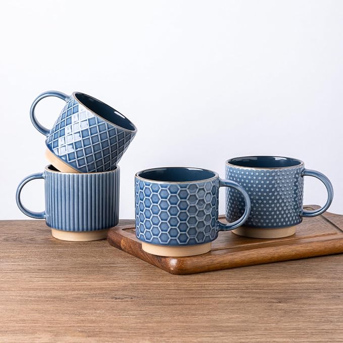 GBhome 12 OZ Stackable Coffee Mugs, Ceramic Coffee Mugs with Texture Patterns for Man,Woman,Dad,Mom, Modern Coffee Cups Set of 4 for Latte/Cappuccino/Cocoa. Dishwasher&Microwave Safe