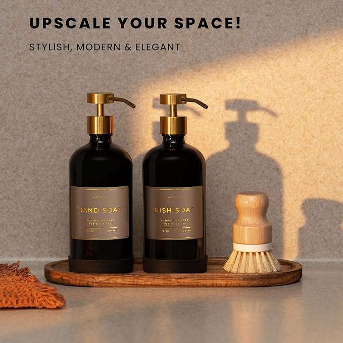 Hand and Dish Soap Dispenser for Kitchen and Bathroom, Set of 2 16 Oz Glass Bottles, Stainless Steel Pumps, Non-Slip Silicone Base, 27 Waterproof Labels (Gloss Black Bottle/Brushed Gold Pump)