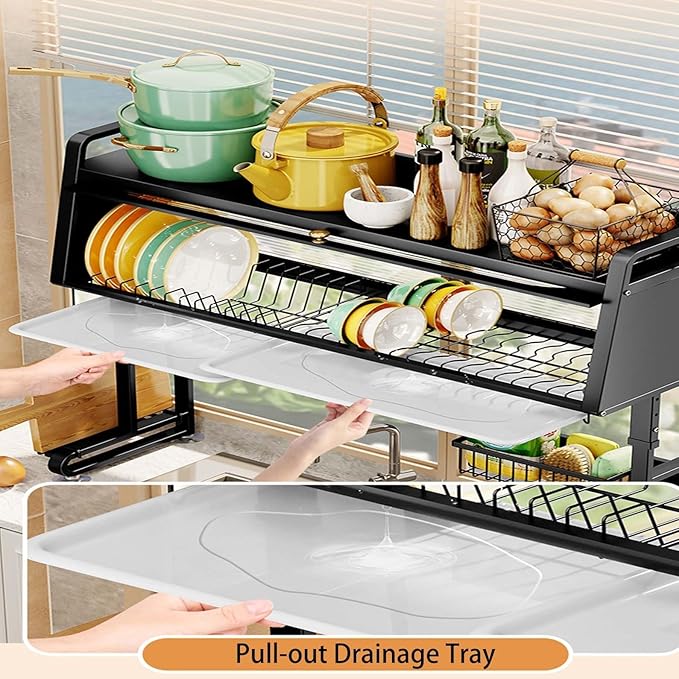 Dish Rack Cabinet Over Sink Standing Dish Drying Rack Dish Drainer Organizer with Adjustable Height Kitchen Large Capacity Kitchen Storage Shelf for Home Kitchen(Black,30.3in (77cm))