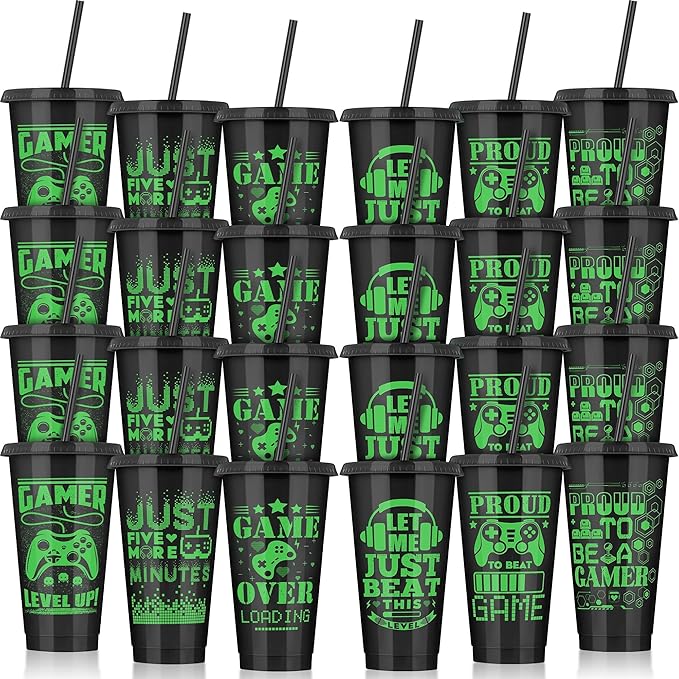 Kochorie 24 Pieces Video Game Plastic Cups 24 Ounces Gaming Party Cups with Lids and Straws Black Green Video Game Tumbler Cups for Birthday Party Video Game Party Supplies Tableware