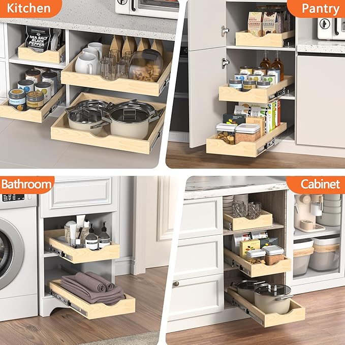 ZOINLIY Wooden Pull Out Cabinet Organizer, Slide Out Drawer for Kitchen Organizers and Storage, Soft Close, Heavy Duty, Fully Expandable - Bottom Mounting