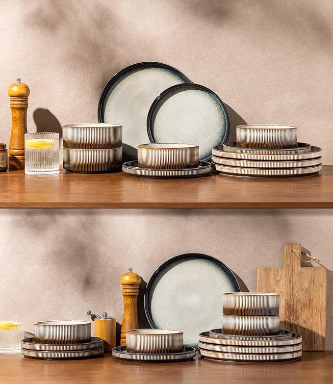 GBHOME 12-Piece Stoneware Dinnerware Set for 4 – Ribbed Ceramic Plates and Bowls, Scratch-Resistant, Microwave & Dishwasher Safe, Reactive Glaze, Sage Dersert Gradient