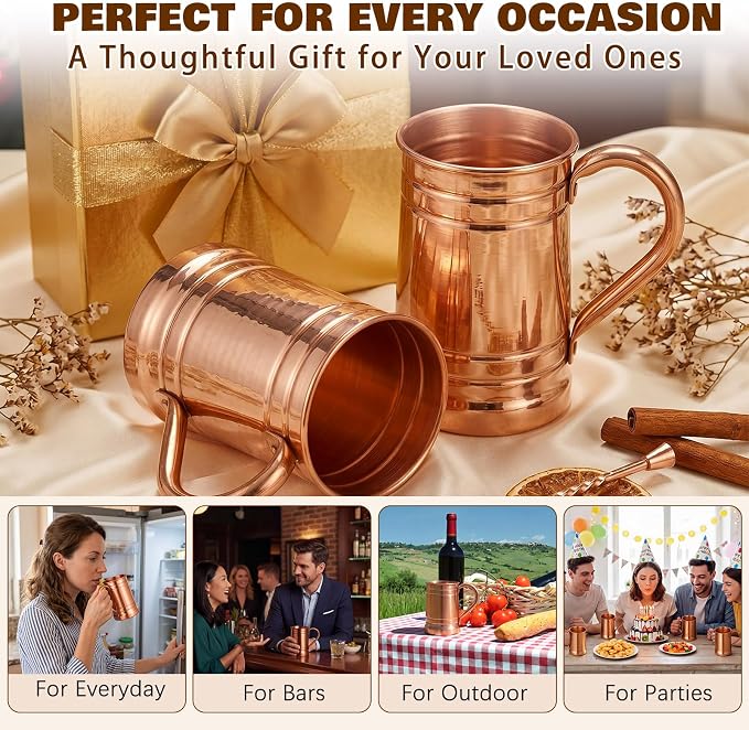 Willinglong 2 Pcs Pure Copper Tumbler with Handle, 18 oz Moscow Mule Mug Copper Cups for Drinking, Coffee Mugs Vessel for Family Health Water, Iced Coffee Tea Cocktails Home Bar Camping