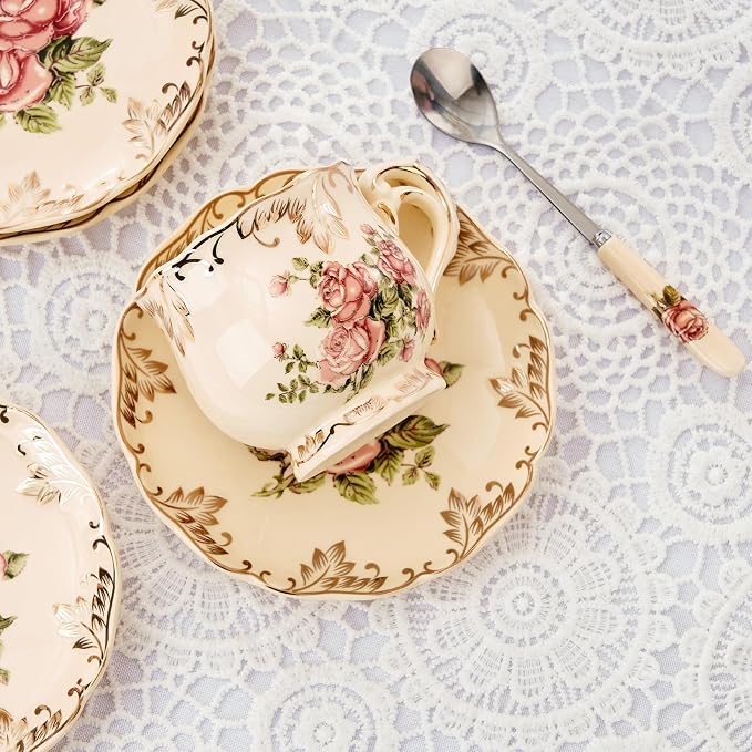 YOLIFE Ivory Vintage Floral Tea Saucers Set of 4, 5.8 inch with Gold Leaves Trim – Beautiful Porcelain Tea Plates for Cups, Ideal for Tea Parties