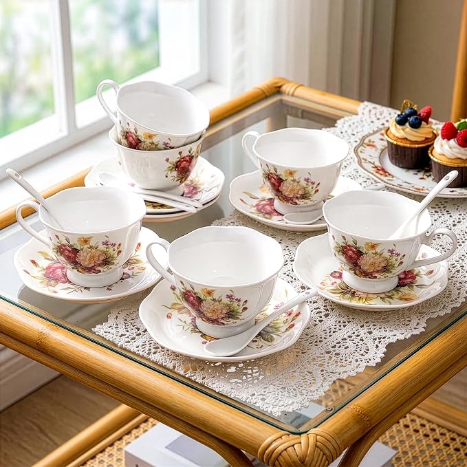Foraineam Floral Tea Cup with Saucers and Spoons Set of 6 - Coffee Cups and Saucers with Gold Trim - 6 oz Porcelain Ivory Latte Cup and Espresso Mug for Coffee Drinks and Tea