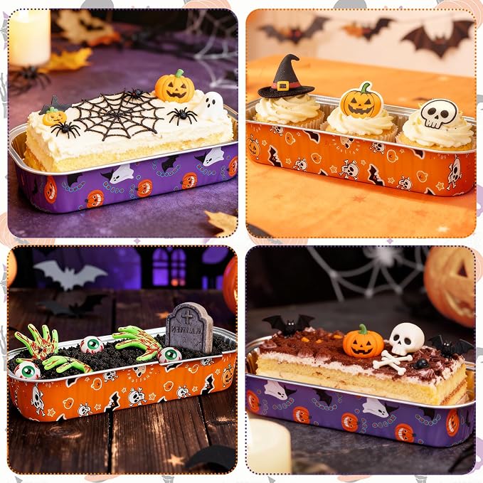 50Pack Halloween Mini Cake Pans Disposable Mini Loaf Pans with Lids and Spoons, 6.8Oz Aluminum Foil Pans Tins, Individual Dessert Cups Containers for Sales,Party,Picnics