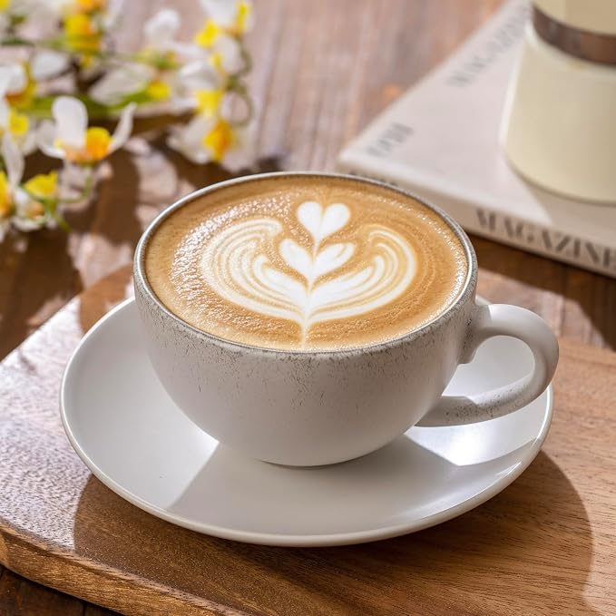 Ceramic Coffee Cup and Saucer Set, 10oz Handcrafted Speckled Latte Cappuccino Mug with Matching Saucer, Matte White Exterior & Black Interior, Espresso Tea Cup for Home Kitchen Cafe Daily Use Gift