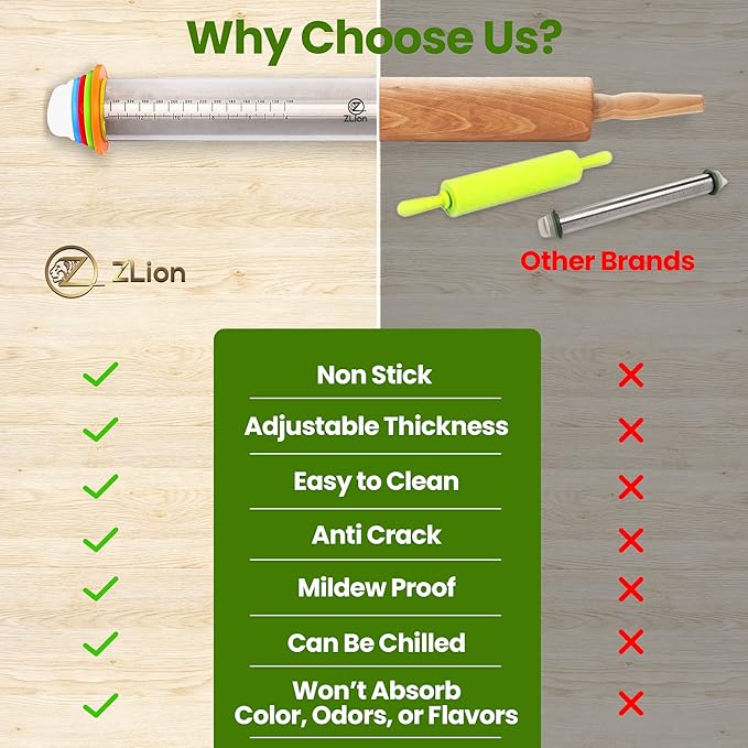 Zlion Rolling Pin with Thickness Rings – Stainless Steel and Corrosion-Resistant Adjustable rolling pin Dough Roller Pins for Baking Pizza, Pastry, Fondant, Pasta, Cookie