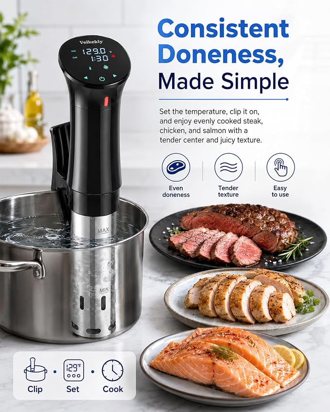1100W Sous Vide Cooker with Precision Temperature Control & Digital Timer | Immersion Circulator Machine for Steak, Chicken, Fish, Eggs & Vegetables, Quiet Design, 304 Stainless Steel, Fits Most Pots