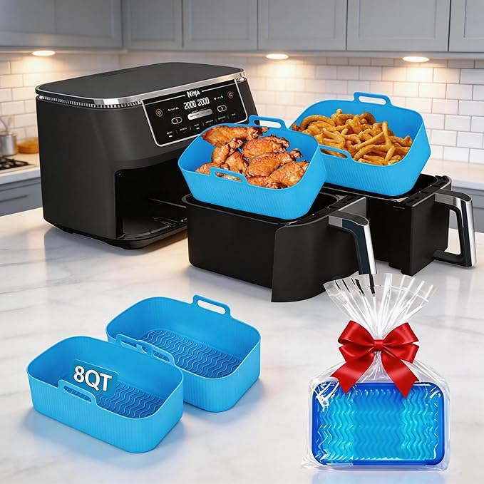 Ninja Silicone Air Fryer Liners - Reusable 8QT Dual Basket DZ201 - Rectangular 2-Pack Vacuum-Packed Easy-Clean Dishwasher-Safe Food-Safe for Home Chefs - Housewarming Gifts