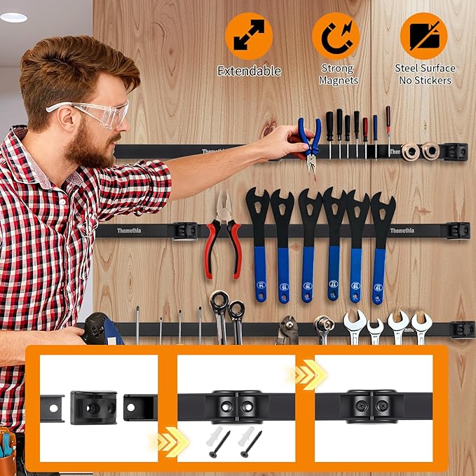 24" Magnetic Tool Holder Strip, 4 Pieces Black Metal Tool Organizer Rack with Stainless Steel Surface, Magnet Bar for Garage Workshop, Easy To Install with Mounting Screws