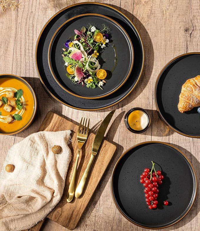 LERATIO Ceramic Dinnerware Sets for 4,Matte Stoneware Plates and Bowls Set, Chip and Crack Resistant | Oven & Dishwasher & Microwave Safe Dishes Set, Service for 4-Ashen Gold Rim