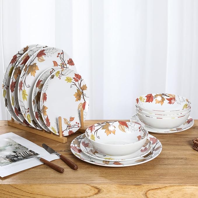 Melamine Dinnerware Sets 12 Pcs, Spring Party Plates and Bowls Sets, Camping Dishes Set for 4, Unbreakable, BPA Free, Dishwasher Safe（Yellow Maple Leaves）