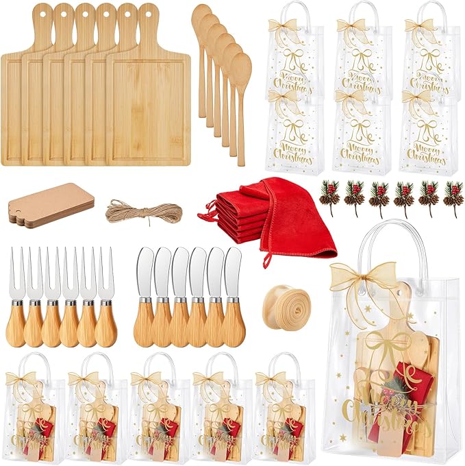 Acellegic 6 Sets Christmas Cheese Cutting Board Gift Set, Bamboo Charcuterie Board with Fork Spoon Knives Towels Bags Tags Ribbon Christmas Kitchen Gifts for Bridal Baby Shower Housewarming Party