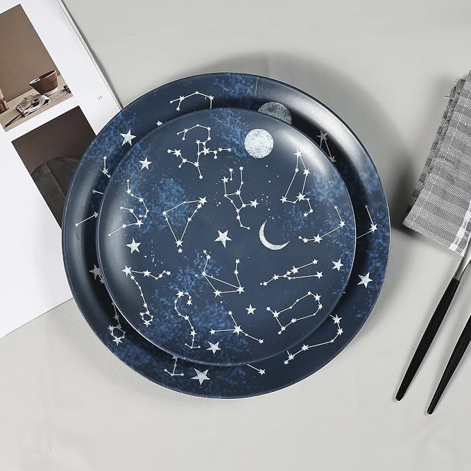 12 Piece Melamine Dinnerware Sets for 4 - Starry Pattern Camping Dishes Set for Indoor and Outdoor Use, Dishwasher Safe Plates and Bowls Sets, Dark Blue | Plates and Bowls Set Service for 4,Camping Dishes Set for Indoor Dining, Picnics, and Entertainin...