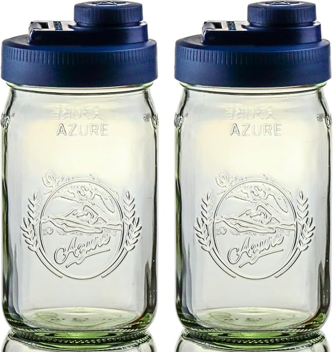 Brewing America Glass Mason Jar Pitcher with Lid - Azure Standard Jars, 1 Quart (32 oz) with Old Glory Blue Wide Mouth Pour Lid, for Smoothie, Boba Cup, Sun Tea, Cold Coffee Glass Tumbler, 2-Pack