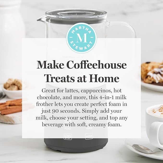Martha Stewart Milk Frother and Steamer, 10oz/300ml Glass Cup, 4 Presets (Cold Foam, Light, Dense & Hot Chocolate), Ready in 90 Seconds, Cordless Pouring, One-Touch for Hot and Cold Milk, Caviar Gray