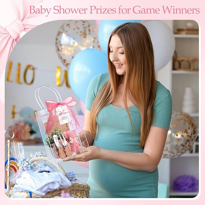 Honeydak 49 Pcs Baby Shower Prizes for Game Players 6 Sets Bamboo Cheese Board Fork Knives Coasters Towel Artificial Potted Plant Thanks Card Gift Bag for Baby Bridal Shower Wedding Favors (Pink Bow)