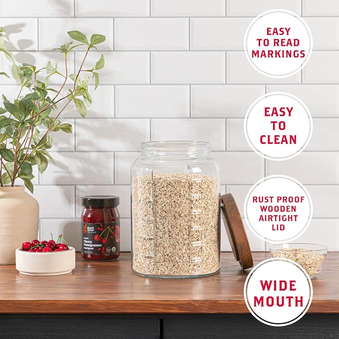 kitchentoolz Extra Large Mason Jar - 1 Gallon Glass Wide Mouth Jar with Airtight Wooden Lid, Food Storage Container with Measurement Markings For Kitchen Pantry, Pickling, Cookies, Flour & Sugar