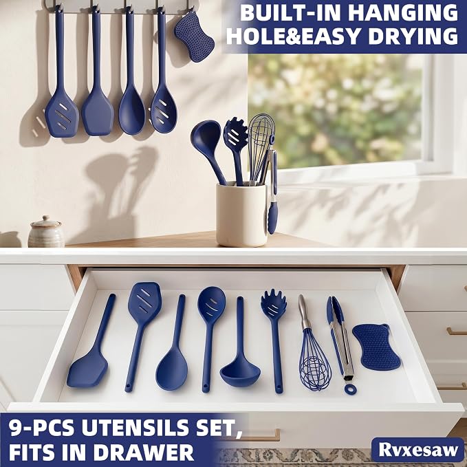 Kitchen Utensils Set,9 PCS Silicone Cooking Utensils Set Spatula Set,Tongs,Spoon,Whisk,Brush,Dishwasher Safe Kitchen Gadgets for Non-Stick Cookware,Home Essential，Kitchen Appliances(Navy Blue)