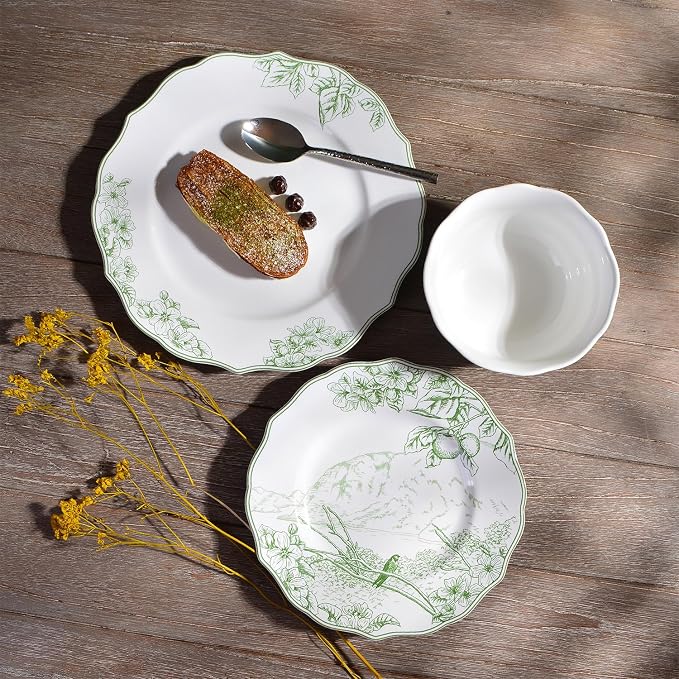222 Fifth 12-Piece Porcelain Dinnerware Set for 4, Elegant Floral Plates and Bowls Sets-White/Green Ceramic Dishes, Chip Resistant Kitchen & Dining Dish Set, Microwave & Dishwasher Safe, Hudson Valley