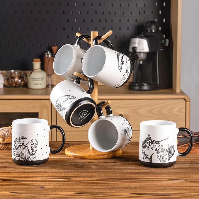AmorArc Large Coffee Mugs Set of 6, 18oz Ceramic Coffee Cups with Sea Life Textured Patterns for Tea Latte Cocoa. Easy to Hold&Clean, Dishwasher&Microwave Safe, Matte