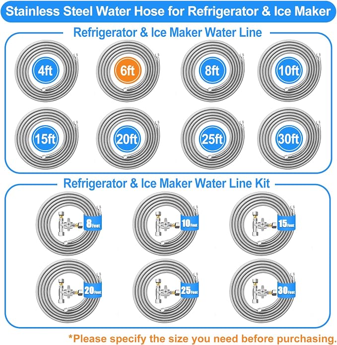 6 FT Premium Stainless Steel Braided Refrigerator water line+ 20 FT Refrigerator Water Line Kit with 3/8"- 1/4"- 3/8" Tee Stop Valve for Most Brands and Models Refrigerator
