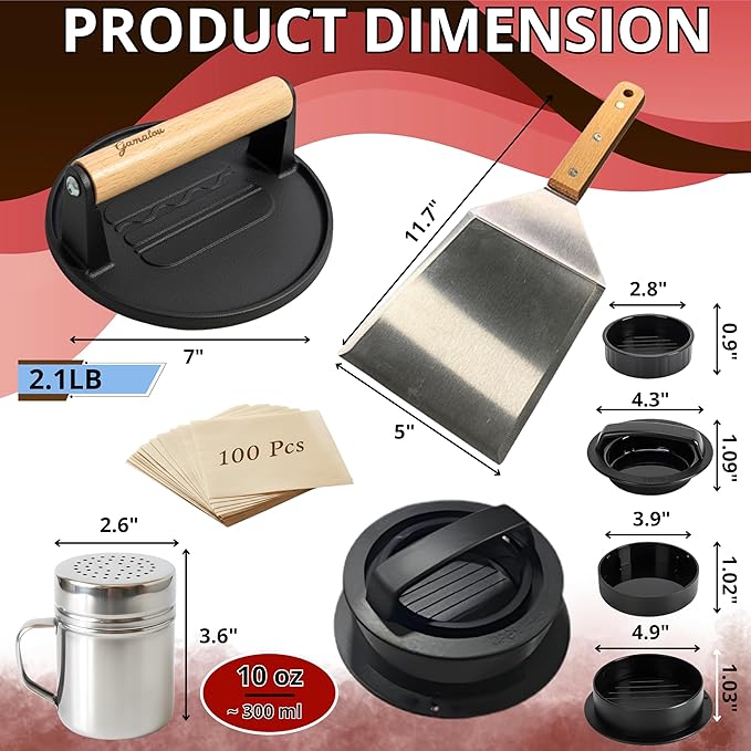 Gamalou® Smash Burger Press Kit: 7” Cast Iron Flat Press, 3-in-1 Hamburger Maker, 6x5” Spatula, Dredge Shaker & 100 Patty Papers for BBQ, Blackstone Griddle, Flat Top, Grill & Frying Pan