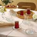 KARACA Nilufer 12-Piece Turkish Tea Glass & Saucer Set, 5.7 oz (170 ml) Gold Trim Clear Glass Tea Service for 6 People, Geometric Pattern Tulip Teacups with Saucers, Hand Wash Recommended