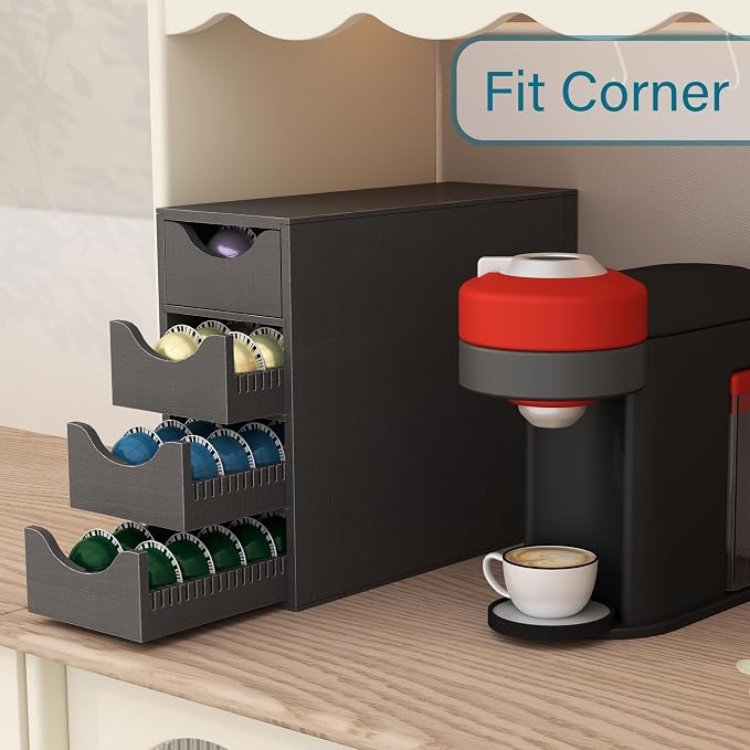 Suli Coffee Pod Holder, Coffee Capsule Storage Organizer, Save Space Coffee Pod Organizer for Countertop, Extra Large Storage Rack with Drawer, 4 Tier,104 Pods,Wood,Black