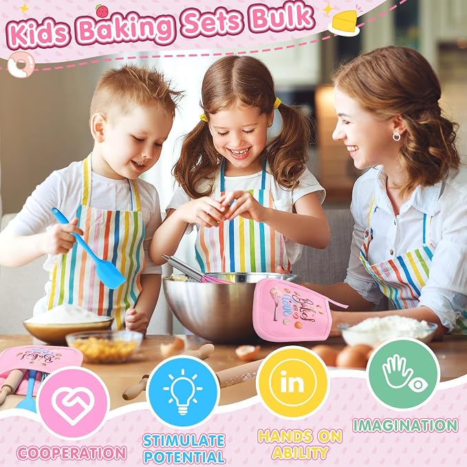 RoundFunny 24 Pcs Kids Mini Baking Supplies with Kitchen Utensil, Pot Holders, Spatula, Rolling Pin, Whisk for Kids Classroom School Exchange Party Favors (Medium)