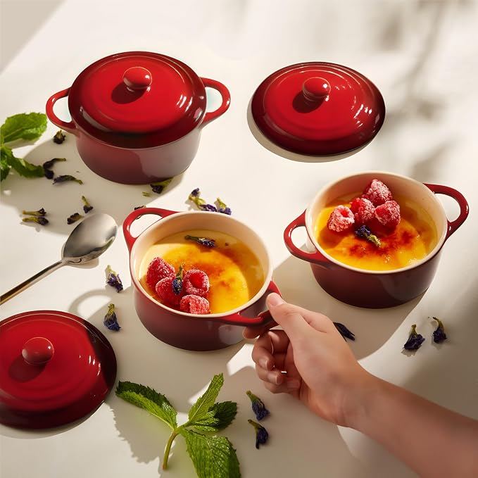Kook Ceramic Mini Cocotte Set, Small Casserole Dishes with Lids and Handles, Individual Baking Ramekins, Oven safe 350F, Microwave & Dishwasher Safe, Stoneware, 12 oz, Set of 4, (Crimson Ombre)