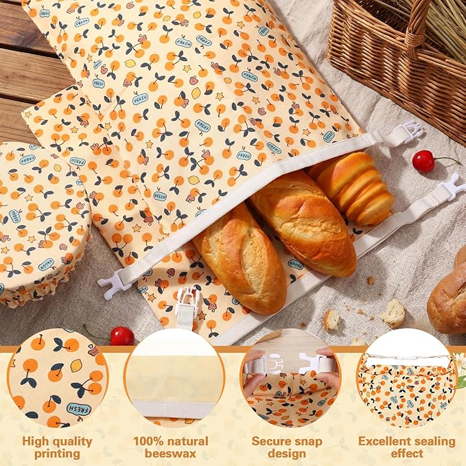 Reusable Beeswax Bread Bags for Homemade Bread Sourdough (2 Pcs 13x17in Bags + 10in Bowl Cover) Floral Cotton 100% Natural Beeswax Coating, Plastic-free Food Storage Wrap(Yellow Cherry)