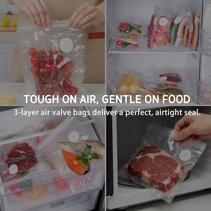 Syntus 40 Reusable Vacuum Sealer Bags for Food, 8" x 10" and 12" x 13" (S+L) Food Storage Zipper Bags with Air Valve BPA-free Leakproof Keep Food Freshness, Compatible with Compact Vacuum Sealers