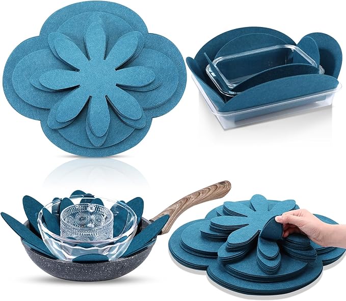 Queekay 36 Pcs Felt Pot Pan Protectors Dish Dividers Separators Bakeware Cookware Scratch Protectors Different Sizes, Thicker Pan Pads for Stacking Cookware Organizing Protecting(Gray Blue)