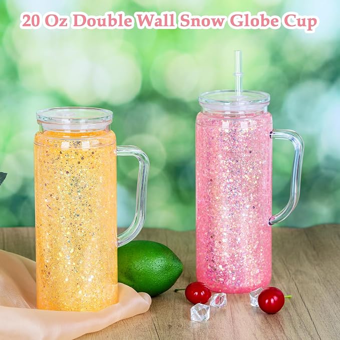 20 Oz Double Wall Acrylic Snowglobe Cups with Handle, 8 Pack Clear Plastic Mason Jar Snowglobe Tumbler with Pre Drilled Hole and Plug for DIY Glitter Gifts (Clear)