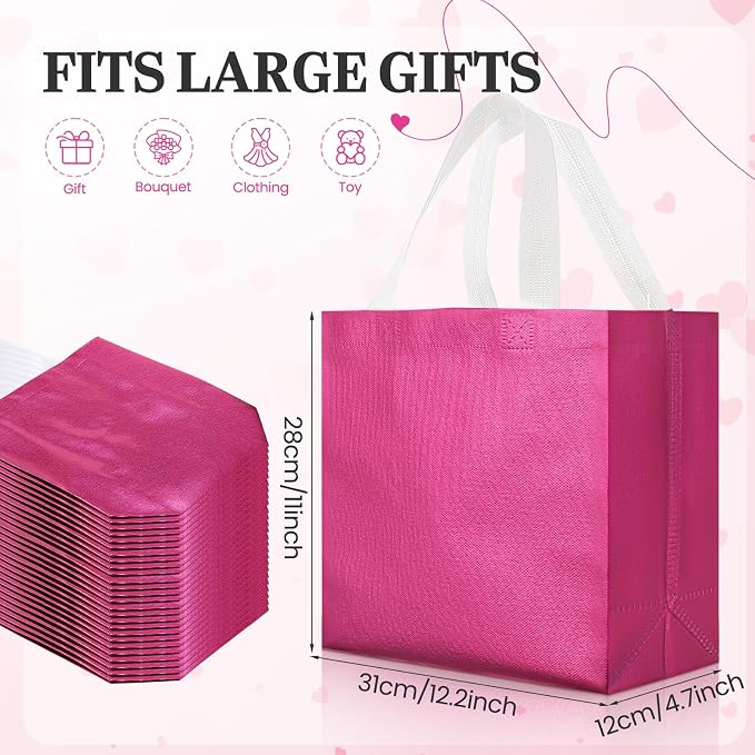Eccliy Reusable Gift Bags Set Glossy Grocery Gift Tote Bag with Handle for Wedding, Bridal Shower, 4th of July, Summer Event(12 x 11 x 4.7 I Inch,Hot Pink,80 Pcs)