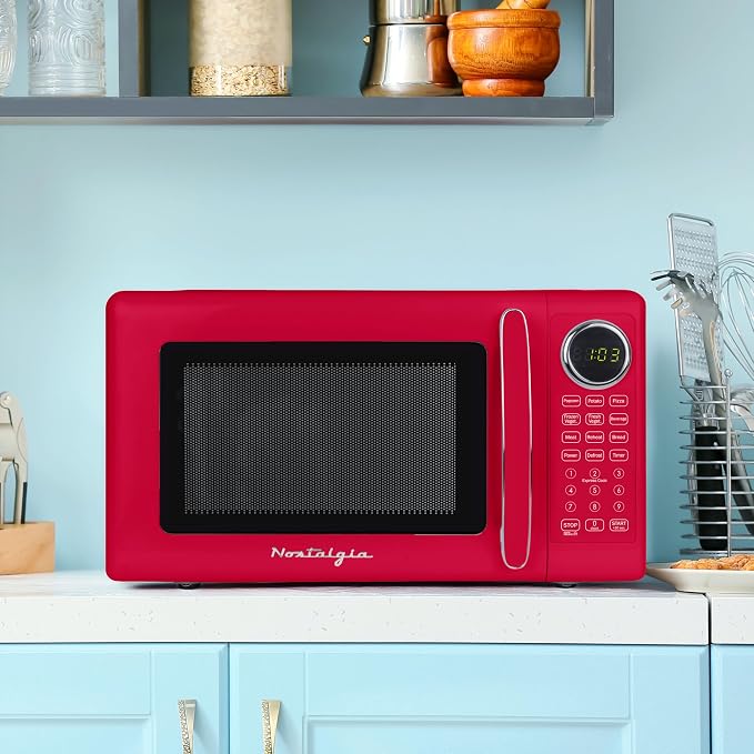 Nostalgia Modern Retro Compact Countertop Microwave Oven - 0.7 Cu. Ft. - 700-Watts with LED Digital Display - Child Lock - Easy Clean Interior - Red