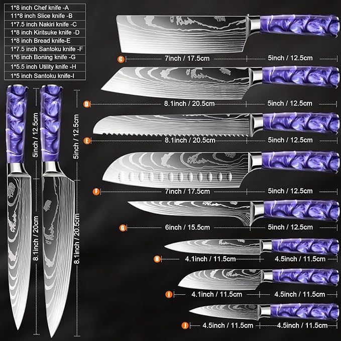 8-Piece Premium Japanese Kitchen Knife Set - Star Collection, Laser Damascus Pattern, 440A Stainless Steel Ultra Sharp for Fast Cutting (DMS-8A-Purple)